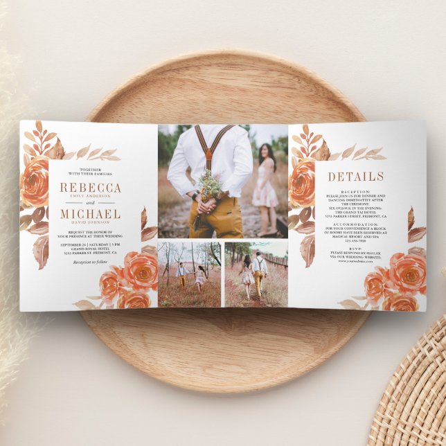 Convite Com Dobra Tripla Casamento de Colagem de Fotos Florais em Laranja Q (Criador carregado)