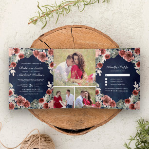 Convite Com Dobra Tripla Casamento de Colagem de Fotos Florais Marsala Azul