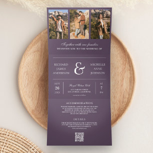 Convite Com Dobra Tripla Casamento de Colagem de Fotos Minimalista em Roxo