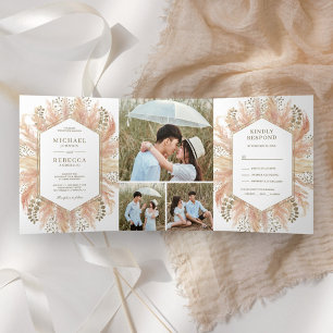 Convite Com Dobra Tripla Casamento de Colagem de Fotos Rustic Boho Pampas G