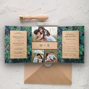 Convite Com Dobra Tripla Casamento de Colagem de Fotos Rustic Kraft Succule