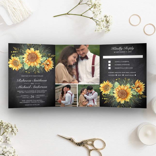 Convite Com Dobra Tripla Casamento de Colagem de Fotos Rustic Sunflower (Criador carregado)
