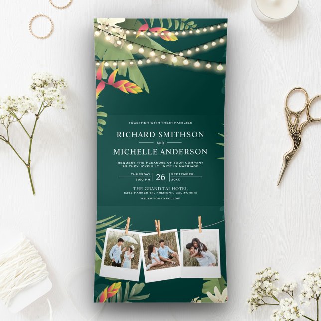Convite Com Dobra Tripla Casamento de Colagem de Luzes de Palma Tropicais (Criador carregado)