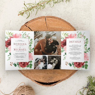 Convite Com Dobra Tripla Casamento de Colagem Floral de Fotos Blush Burgund