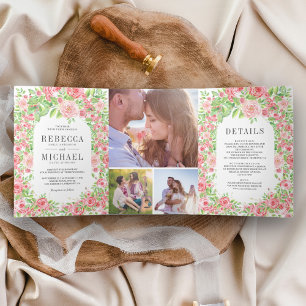Convite Com Dobra Tripla Casamento de Colagem Floral de Fotos do Arch de Ro