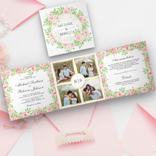 Convite Com Dobra Tripla Casamento de Colagem Floral de Fotos Rosa Blush
