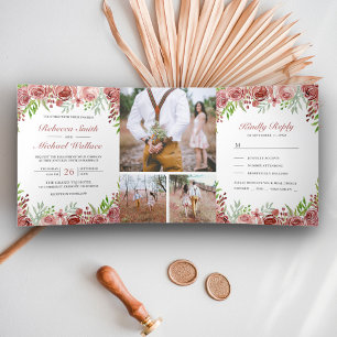 Convite Com Dobra Tripla Casamento de Colagem Floral de Fotos Rustic Cinnam
