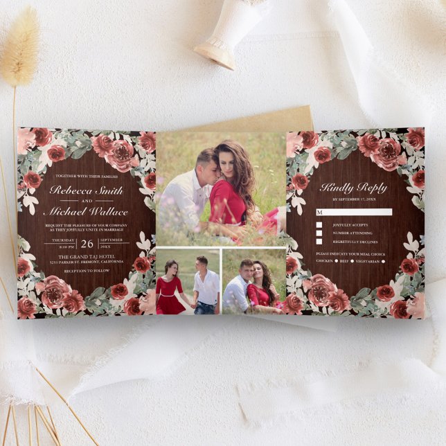 Convite Com Dobra Tripla Casamento De Colagem Floral De Madeira Rústica Mar (Criador carregado)