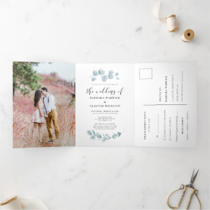 Convite Com Dobra Tripla Casamento de cor aquática minimalista em um só c