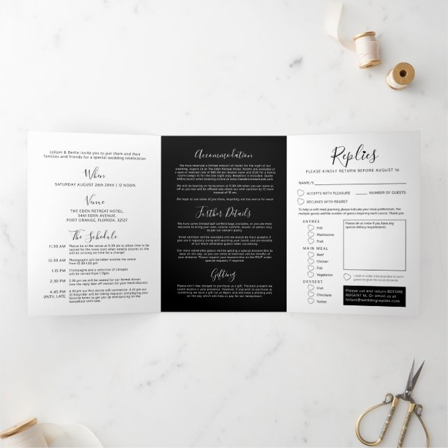 Convite Com Dobra Tripla Casamento de coração preto e branco, tudo em um (Dentro)