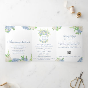 Convite Com Dobra Tripla Casamento de Crest de Hydrangea Azul e Branco