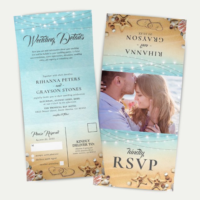 Convite Com Dobra Tripla Casamento de Destino na Praia 3 em 1 (Criador carregado)