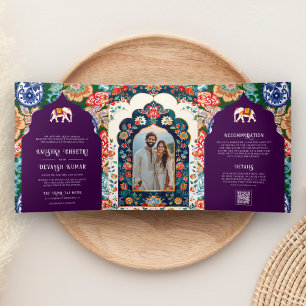 Convite Com Dobra Tripla Casamento de EggPlant com Elefante de Arte Popular