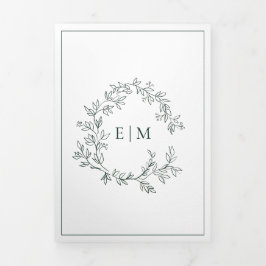 Convite Com Dobra Tripla Casamento de Emerald Green Leafy Crest Monograma