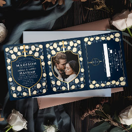 Convite Com Dobra Tripla Casamento de Fantasia Medieval com Espada Azul