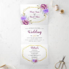 Convite Com Dobra Tripla Casamento de flores de aquarela púrpura e moldura 