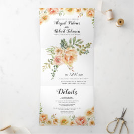 Convite Com Dobra Tripla Casamento de flores de cor de coral e de pêssego