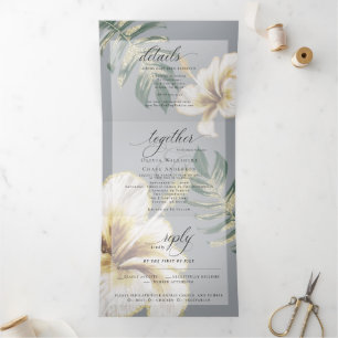 Convite Com Dobra Tripla Casamento de Folhagem de Yellow Ivory Watercolor H