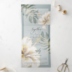 Convite Com Dobra Tripla Casamento de Folhagem de Yellow Ivory Watercolor H