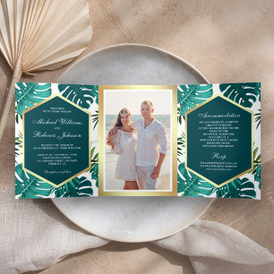 Convite Com Dobra Tripla Casamento de Folhas de Monstera de Palmeira Tropic