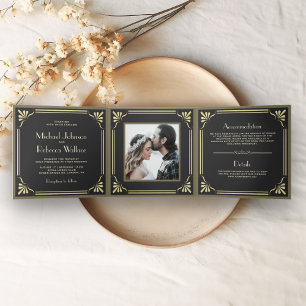 Convite Com Dobra Tripla Casamento de Foto Art Déco com Floreio Vintage