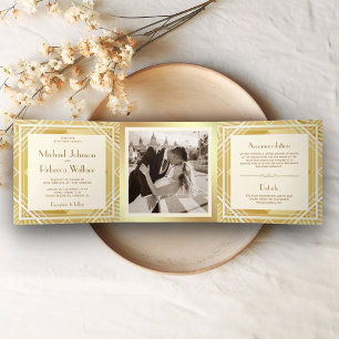 Convite Com Dobra Tripla Casamento de Foto Art Déco Vintage Marfim e Dourad