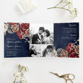 Convite Com Dobra Tripla Casamento de Foto Azul do Marinho Rustic Burgundy 