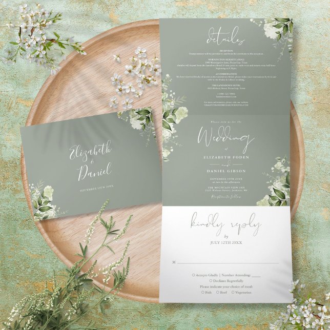 Convite Com Dobra Tripla Casamento de Foto Botânica Moderna em Verde Salvia (Sage Green Modern Botanical Greenery Photo Wedding Tri-Fold Invitation)