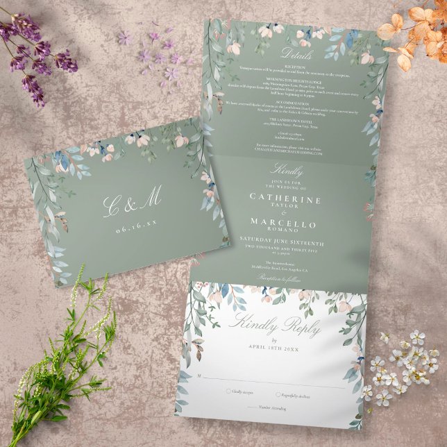 Convite Com Dobra Tripla Casamento de Foto de Flores Silvestres em Verde Sa (Criador carregado)