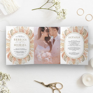 Convite Com Dobra Tripla Casamento de Foto de Grama Pampas Seca Boho Rústic