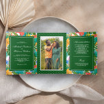 Convite Com Dobra Tripla Casamento de Foto de Jardim Tropical Colorida Exót<br><div class="desc">Convide seus hóspedes com este convite de casamento único,  com flores vibrantes e folhas tropicais com tipografia elegante. Basta adicionar os detalhes do seu evento neste modelo fácil de usar e enfeitar este cartão com a sua foto favorita para torná-lo um convite único.</div>