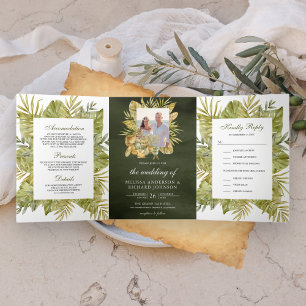 Convite Com Dobra Tripla Casamento de Foto de Palma Seca Tropical Boho Verd