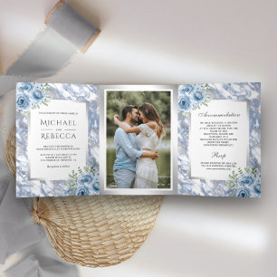 Convite Com Dobra Tripla Casamento de Foto de Prata Floral de Silver Dusty