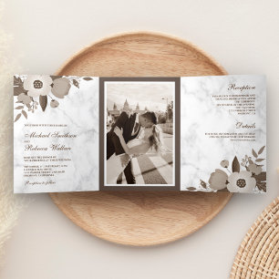 Convite Com Dobra Tripla Casamento de Foto de Sepia Brown Floral White Marb