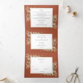 Convite Com Dobra Tripla Casamento de Foto de Teracotta Greenery Botanical