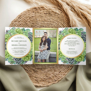 Convite Com Dobra Tripla Casamento de Foto de Terra Suculente Verde Botânic