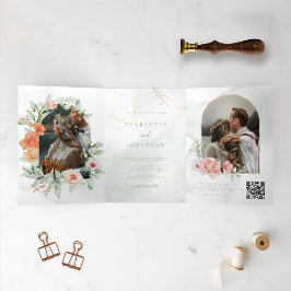 Convite Com Dobra Tripla Casamento De Foto Do Arco Floral Elegante Watercol