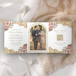 Convite Com Dobra Tripla Casamento de Foto do Código QR do Lace Dourado Flo