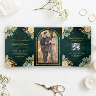 Convite Com Dobra Tripla Casamento de Foto do Código QR Dourado Floral do E