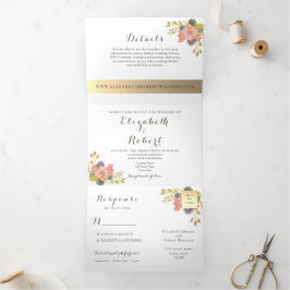 Convite Com Dobra Tripla Casamento de Foto Floral Aquarela