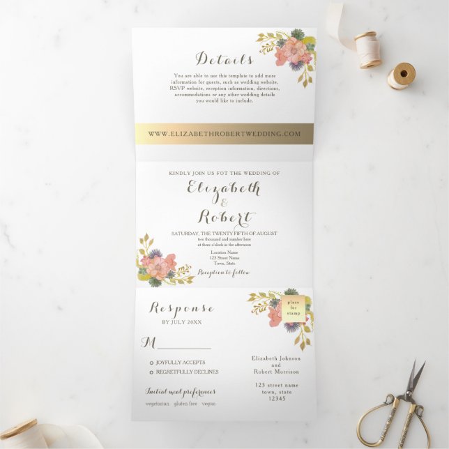 Convite Com Dobra Tripla Casamento de Foto Floral Aquarela (Dentro)