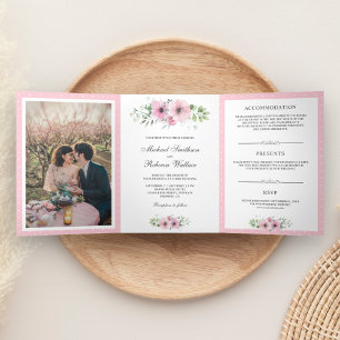 Convite Com Dobra Tripla Casamento De Foto Floral De Cor De Água Rosa Esbra