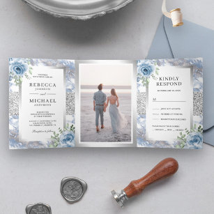 Convite Com Dobra Tripla Casamento de Foto Floral de Mármore Azul Silver Du