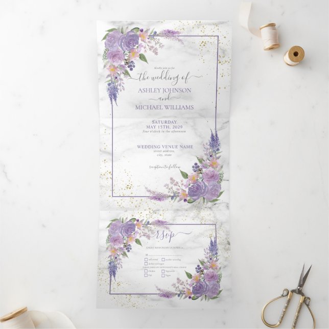 Convite Com Dobra Tripla Casamento de Foto Floral Dourada da Lavanda rustic (Dentro)