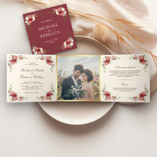 Convite Com Dobra Tripla Casamento de Foto Floral Romântico Rústico Vintage