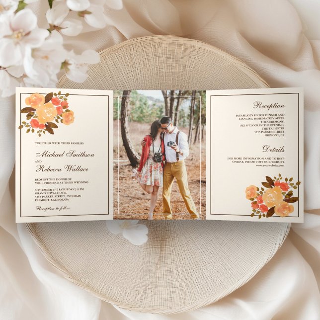 Convite Com Dobra Tripla Casamento de Foto Floral Rústica de Outono (Criador carregado)