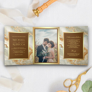 Convite Com Dobra Tripla Casamento de Foto Marble Faux Gold Dourado Marble