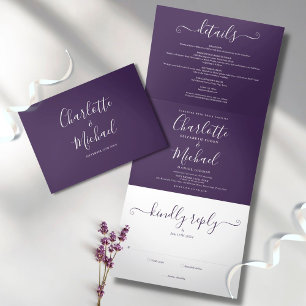 Convite Com Dobra Tripla Casamento de Foto Minimalista com Letra Roxa Moder