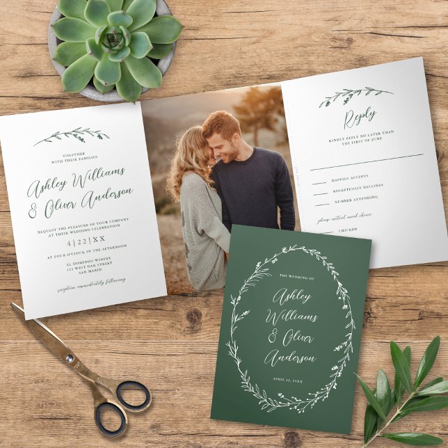 Convite Com Dobra Tripla Casamento de Foto Rustic Dark Green (Criador carregado)