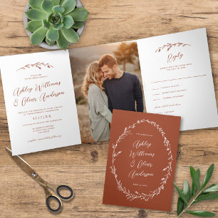 Convite Com Dobra Tripla Casamento de Foto Rustic Terracotta Wildflower Boh